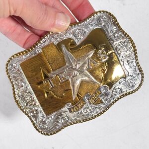VTG Crumrine Texas Star Silver Plate Belt Buckle 1836-1986 USA Gold Silver Tone
